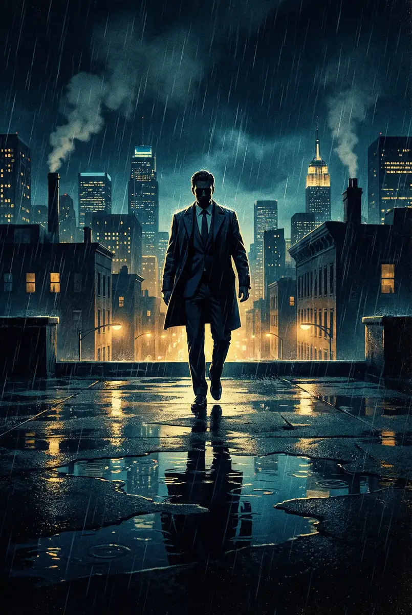 艳少的百日新娘 出品影片《雨夜独行者》海报，雨中城市屋顶男性剪影